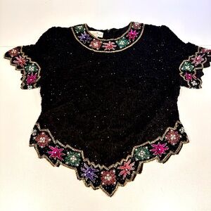 Laurance Kazar Sequin Beaded Petite XL Floral Silk Top Formal Blouse Back Zipper